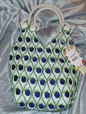 Beaded White with Blueberry  Motif Bnwt